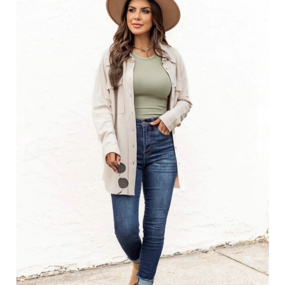 Pink Lily Treat Me Better Beige Shacket Cardigan